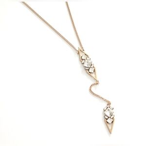 Geometric Marquis Lariat Necklace Set In Antique Gold Tone Metal- NEW